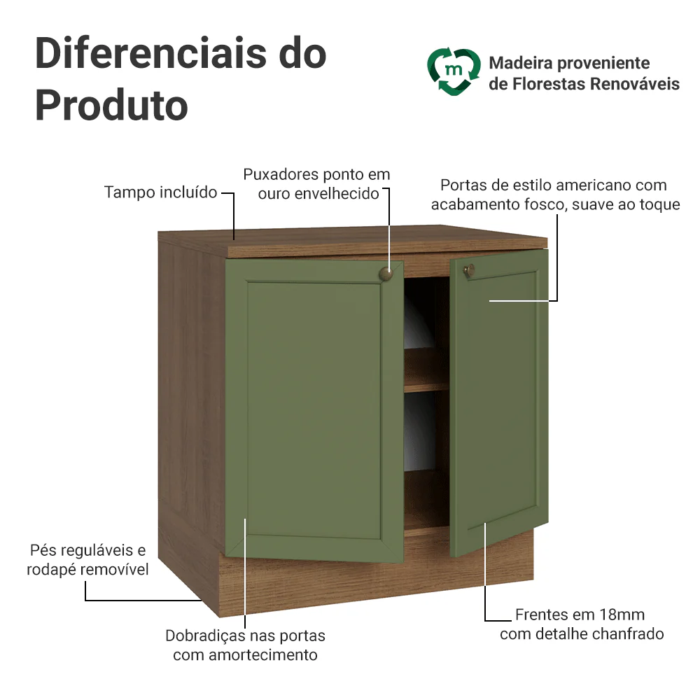 Balcão de Cozinha 80 cm 2 Portas Rustic/Verde Vik Madesa - Image 3