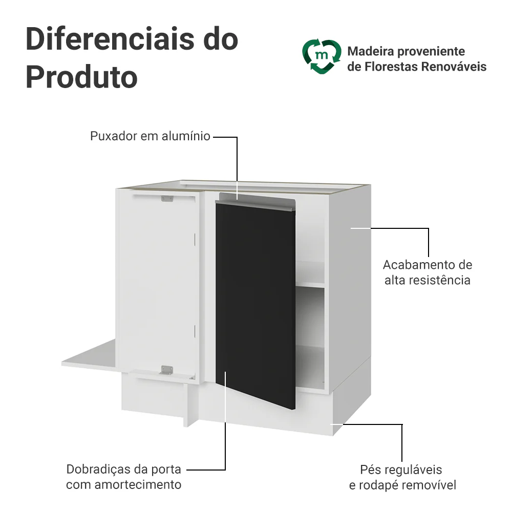 Balcão Cozinha de Canto 1 Porta 60 cm Profundidade (Sem Tampo) Branco/Preto Glamy Madesa - Image 3