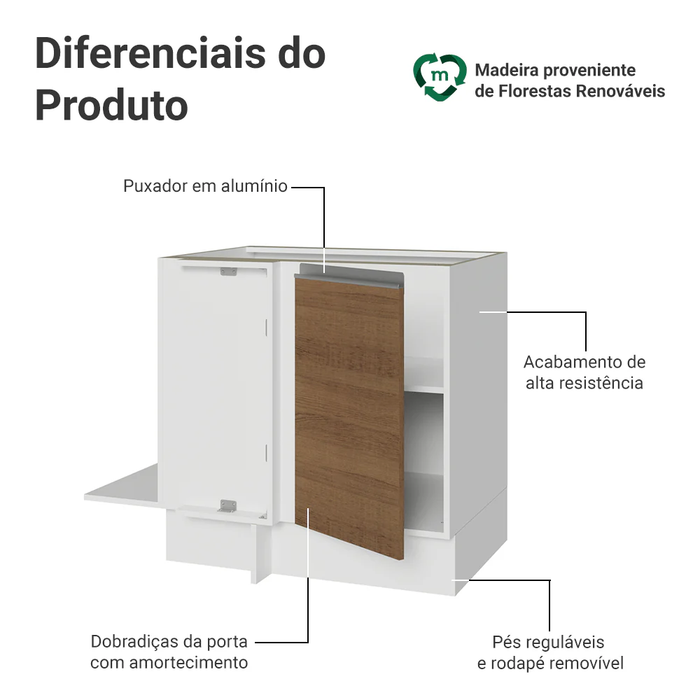 Balcão Cozinha de Canto 1 Porta 60 cm Profundidade (Sem Tampo) Branco/Rustic Glamy Madesa - Image 3