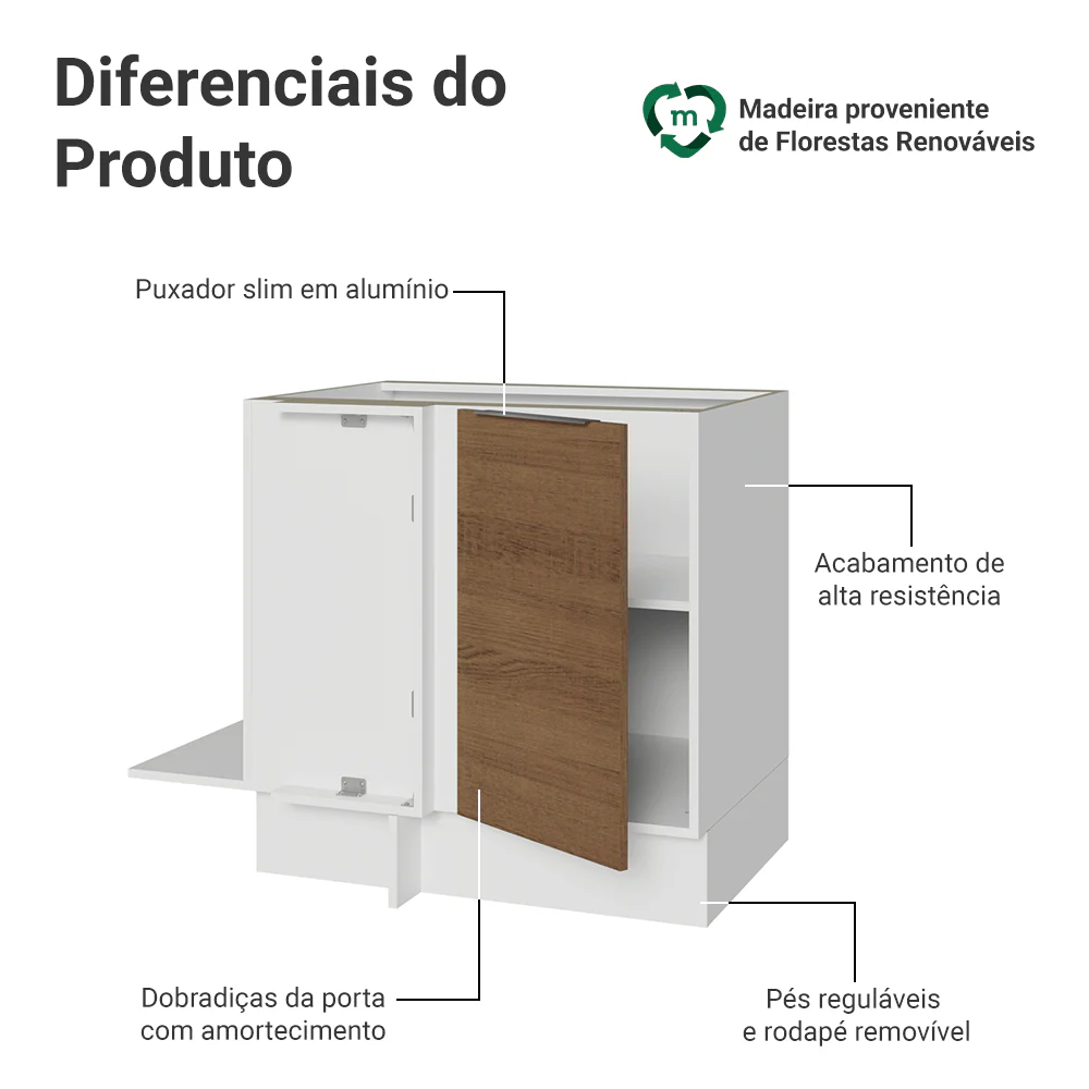 Balcão Cozinha de Canto 1 Porta 60 cm Profundidade (Sem Tampo) Branco/Rustic Stella Madesa - Image 3