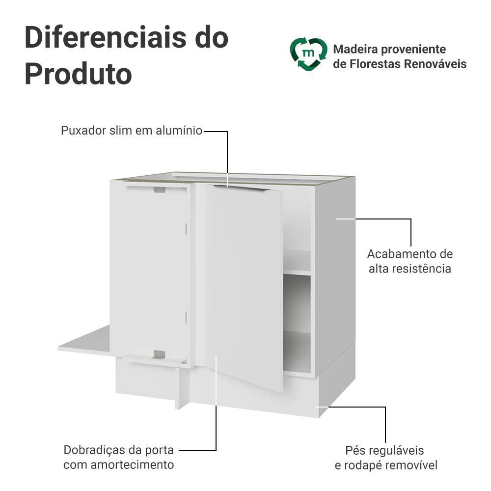 Balcão Cozinha de Canto 1 Porta 60 cm Profundidade (Sem Tampo) Branco Stella Madesa - Image 3