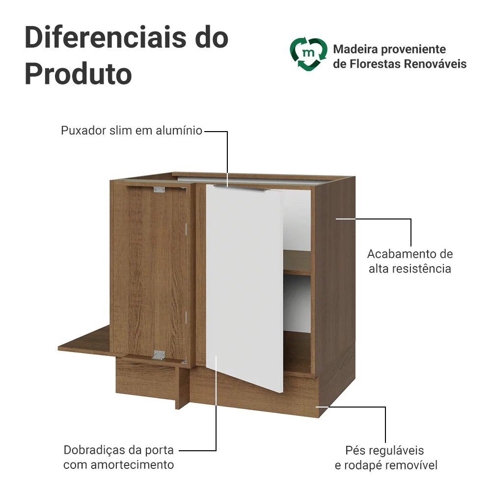 Balcão Cozinha de Canto 1 Porta 60 cm Profundidade (Sem Tampo) Rustic/Branco Stella Madesa - Image 3