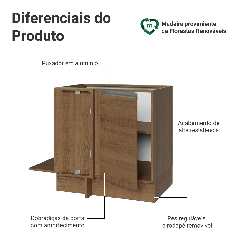 Balcão Cozinha de Canto 1 Porta 60 cm Profundidade (Sem Tampo) Rustic Glamy Madesa - Image 3