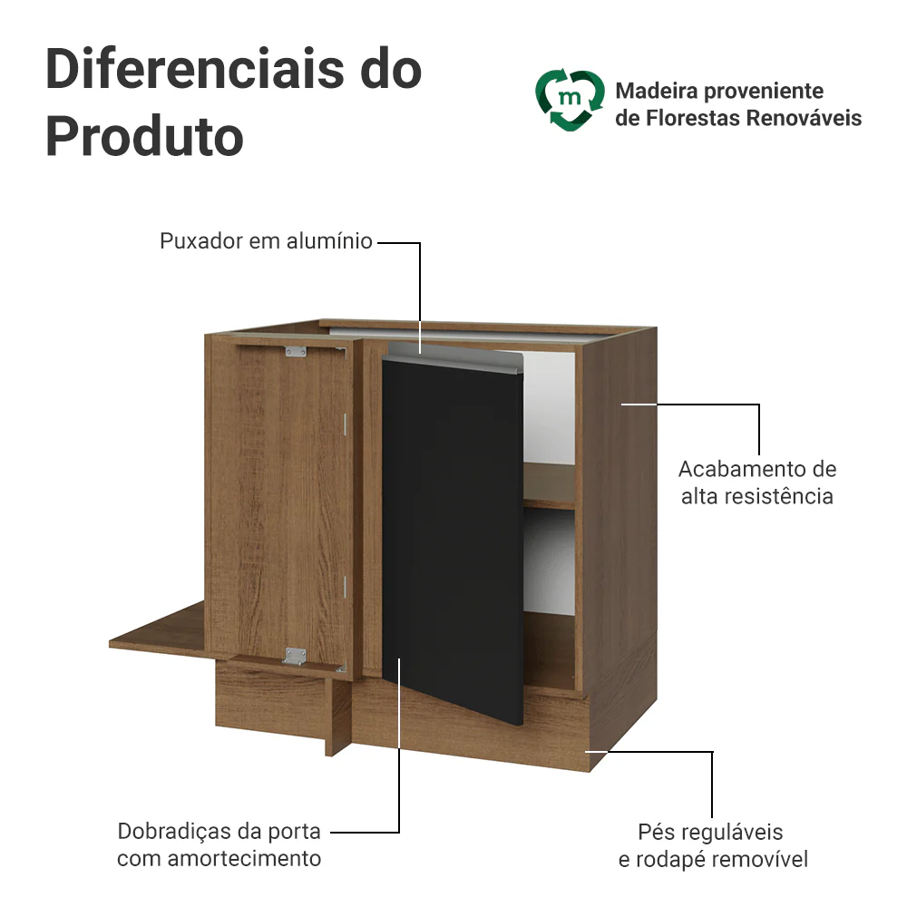 Balcão Cozinha de Canto 1 Porta 60 cm Profundidade (Sem Tampo) Rustic/Preto Glamy Madesa - Image 3