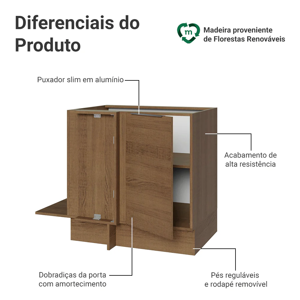 Balcão Cozinha de Canto 1 Porta 60 cm Profundidade (Sem Tampo) Rustic Stella Madesa - Image 3