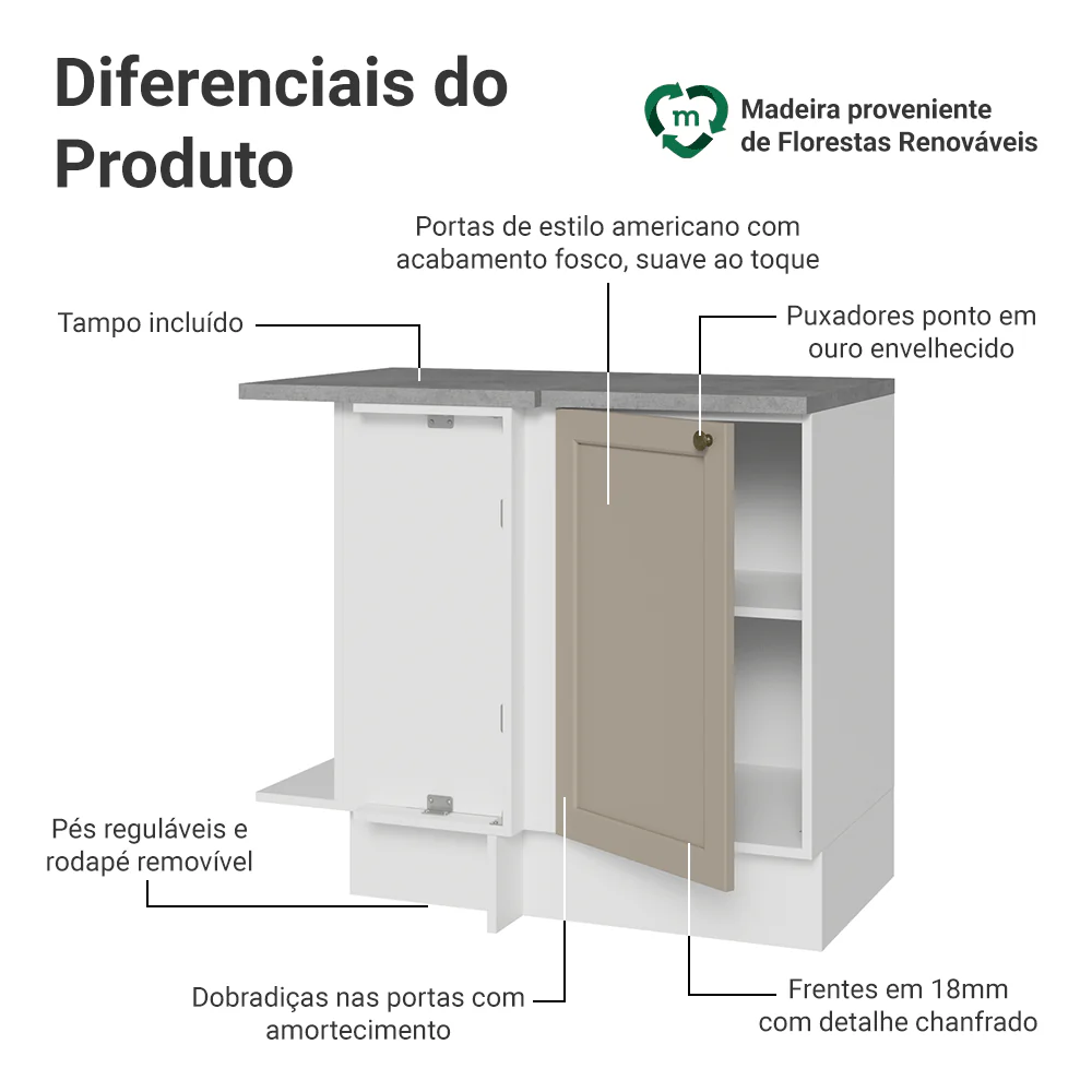 Balcão de Canto 1 Porta Branco/Crema Vik Madesa - Image 3