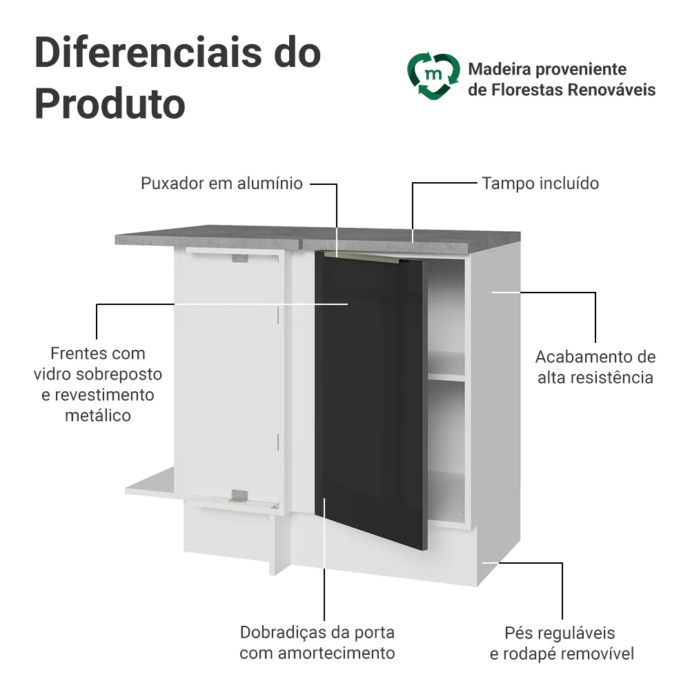 Balcão de Canto 1 Porta Branco/Preto Lux Madesa - Image 3