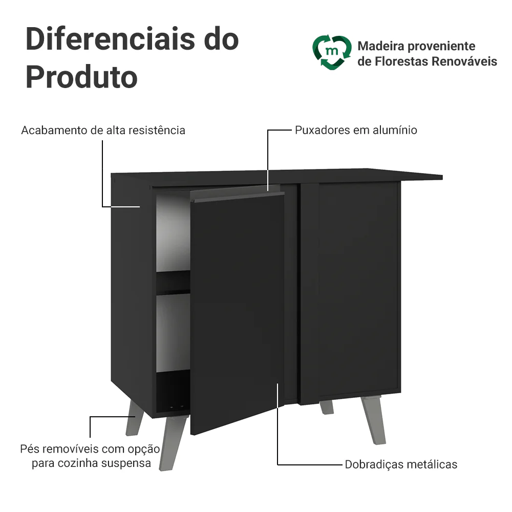 Balcão de Canto 1 Porta Com Pés Preto Nice Madesa - Image 3