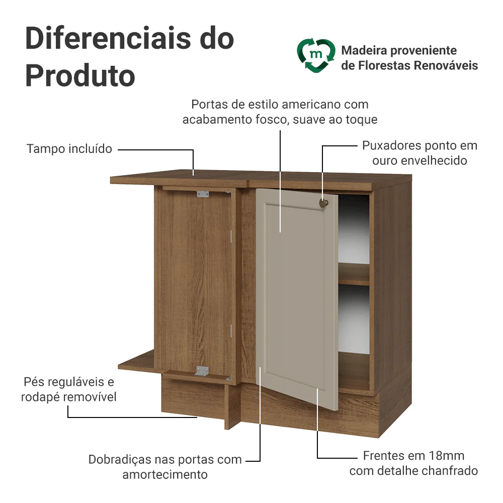 Balcão de Canto 1 Porta Rustic/Crema Vik Madesa - Image 3
