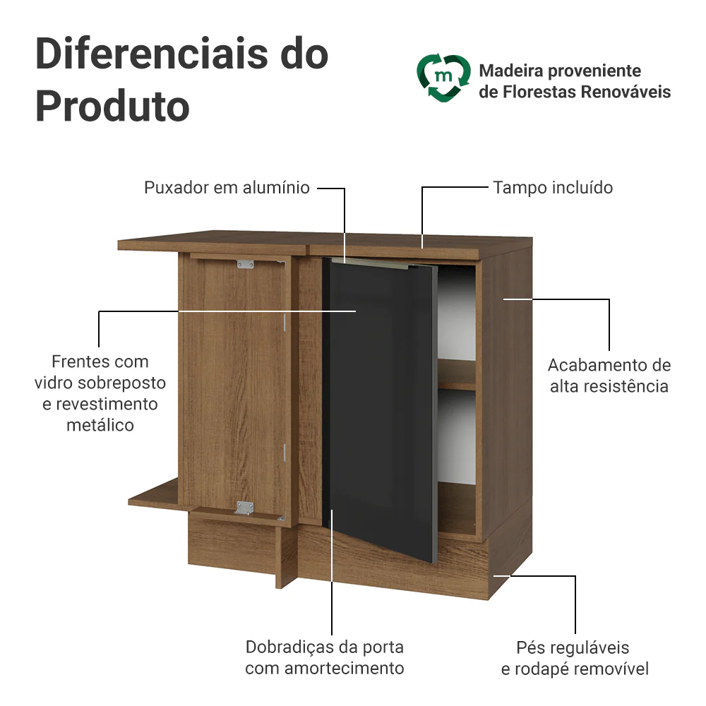 Balcão de Canto 1 Porta Rustic/Preto Lux Madesa - Image 3