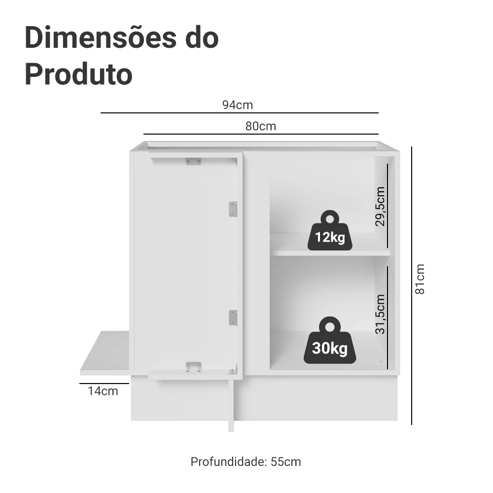 Balcão de Canto 1 Porta (Sem Tampo) Branco/Cinza Lux Madesa - Image 2