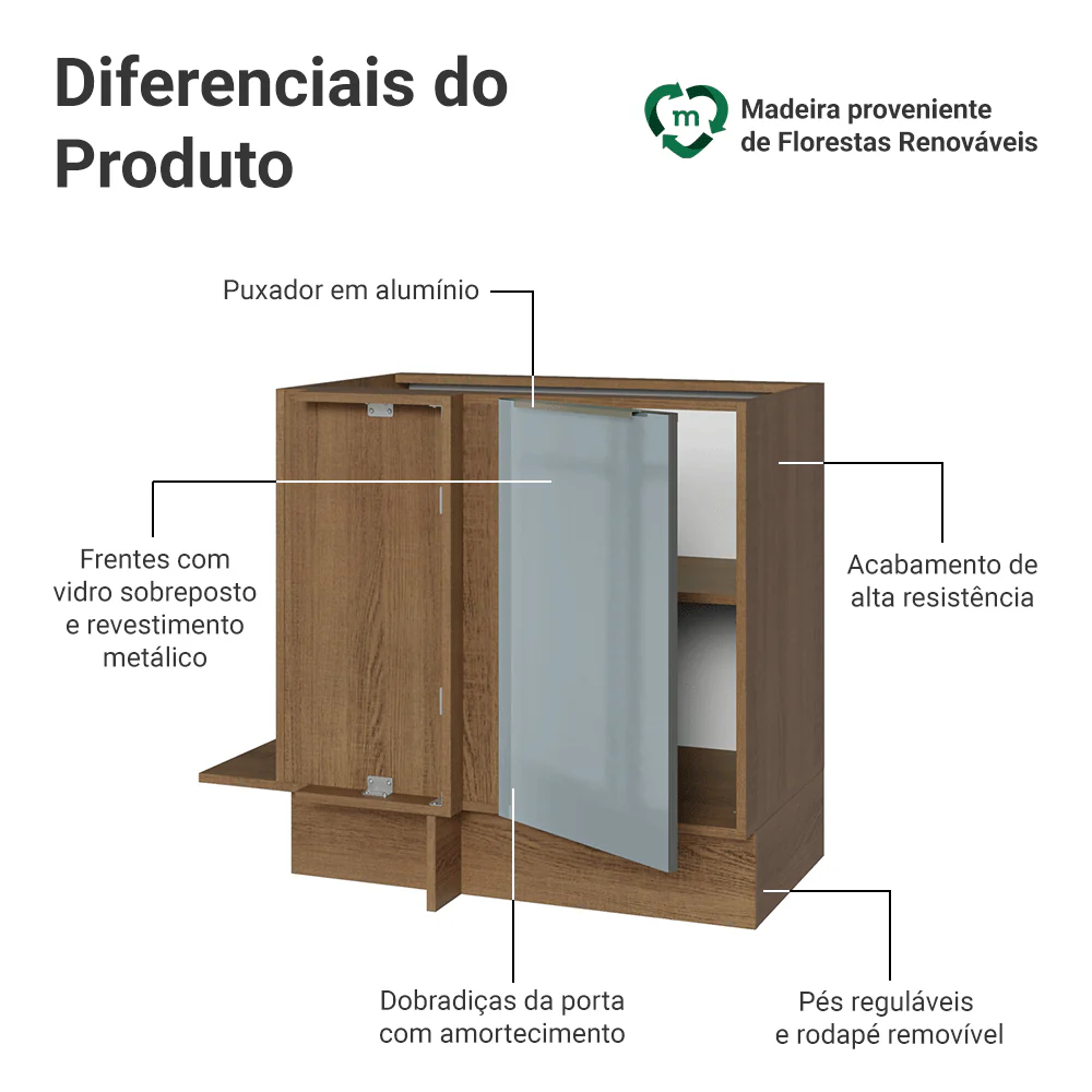 Balcão de Canto 1 Porta (Sem Tampo) Rustic/Cinza Lux Madesa - Image 3