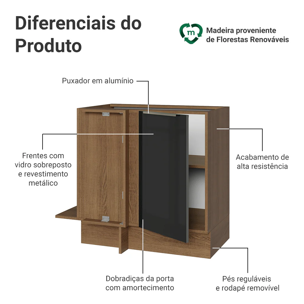 Balcão de Canto 1 Porta (Sem Tampo) Rustic/Preto Lux Madesa - Image 3