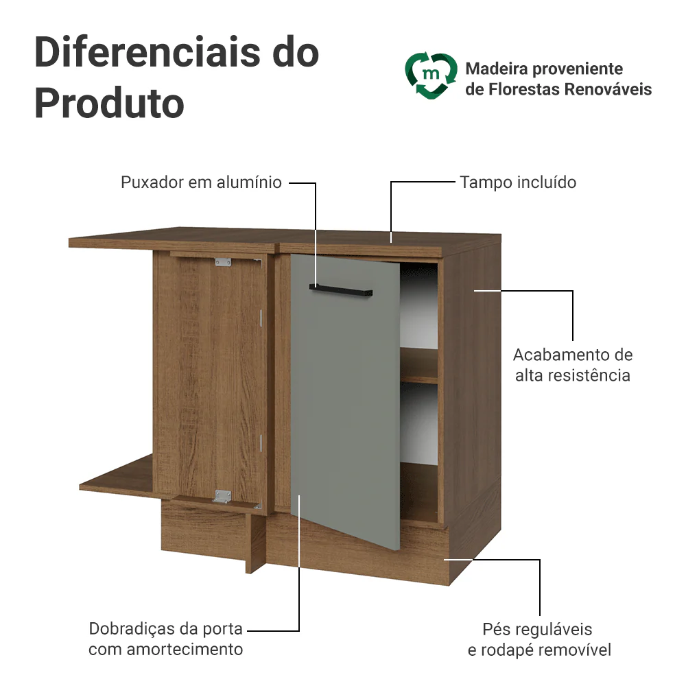 Balcão de Canto Madesa Agata 1 Porta 60 cm Profundidade (Com Tampo) Rustic/Cinza - Image 3