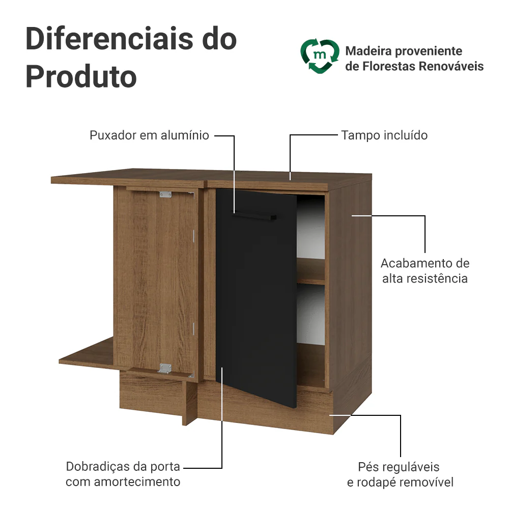 Balcão de Canto Madesa Agata 1 Porta 60 cm Profundidade (Com Tampo) Rustic/Preto - Image 3