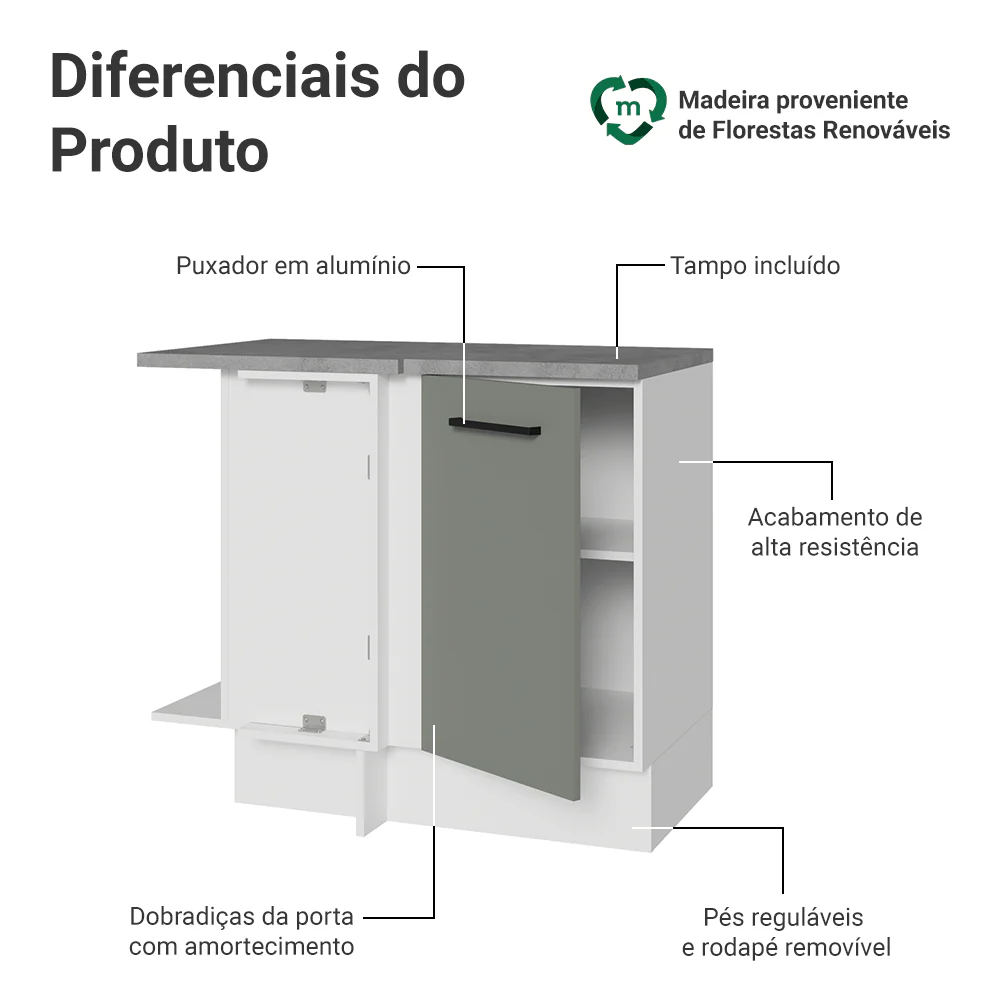 Balcão de Canto Madesa Agata 1 Porta Branco/Cinza - Image 3
