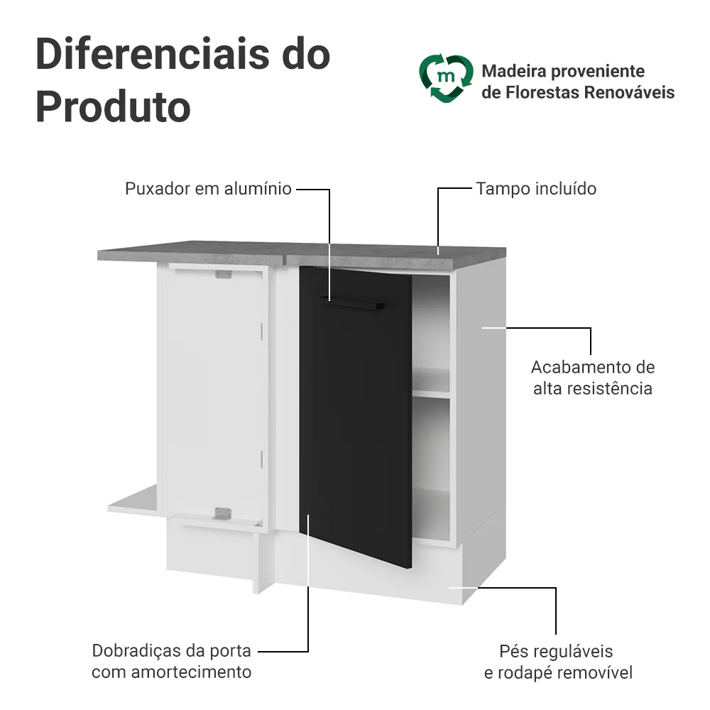 Balcão de Canto Madesa Agata 1 Porta Branco/Preto - Image 3