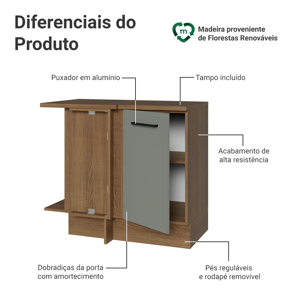 Balcão de Canto Madesa Agata 1 Porta Rustic/Cinza - Image 3