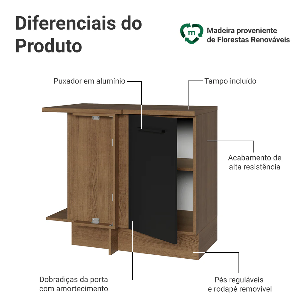 Balcão de Canto Madesa Agata 1 Porta Rustic/Preto - Image 3