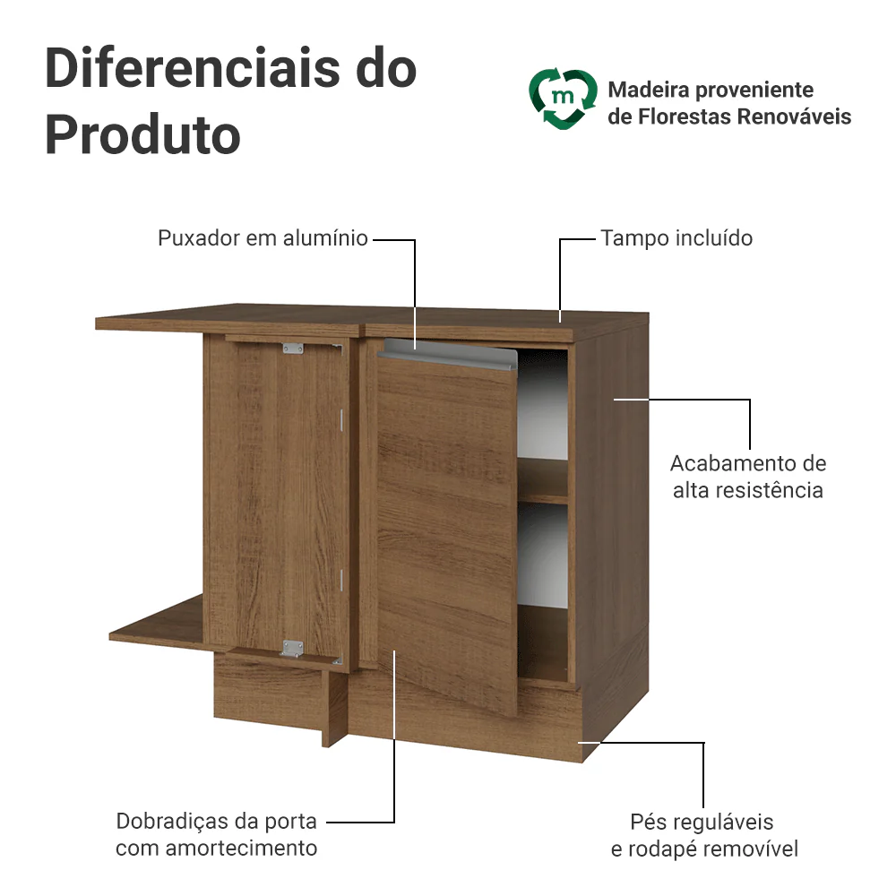 Balcão de Canto Madesa Glamy 1 Porta 60 cm Profundidade (Com Tampo) Rustic - Image 3