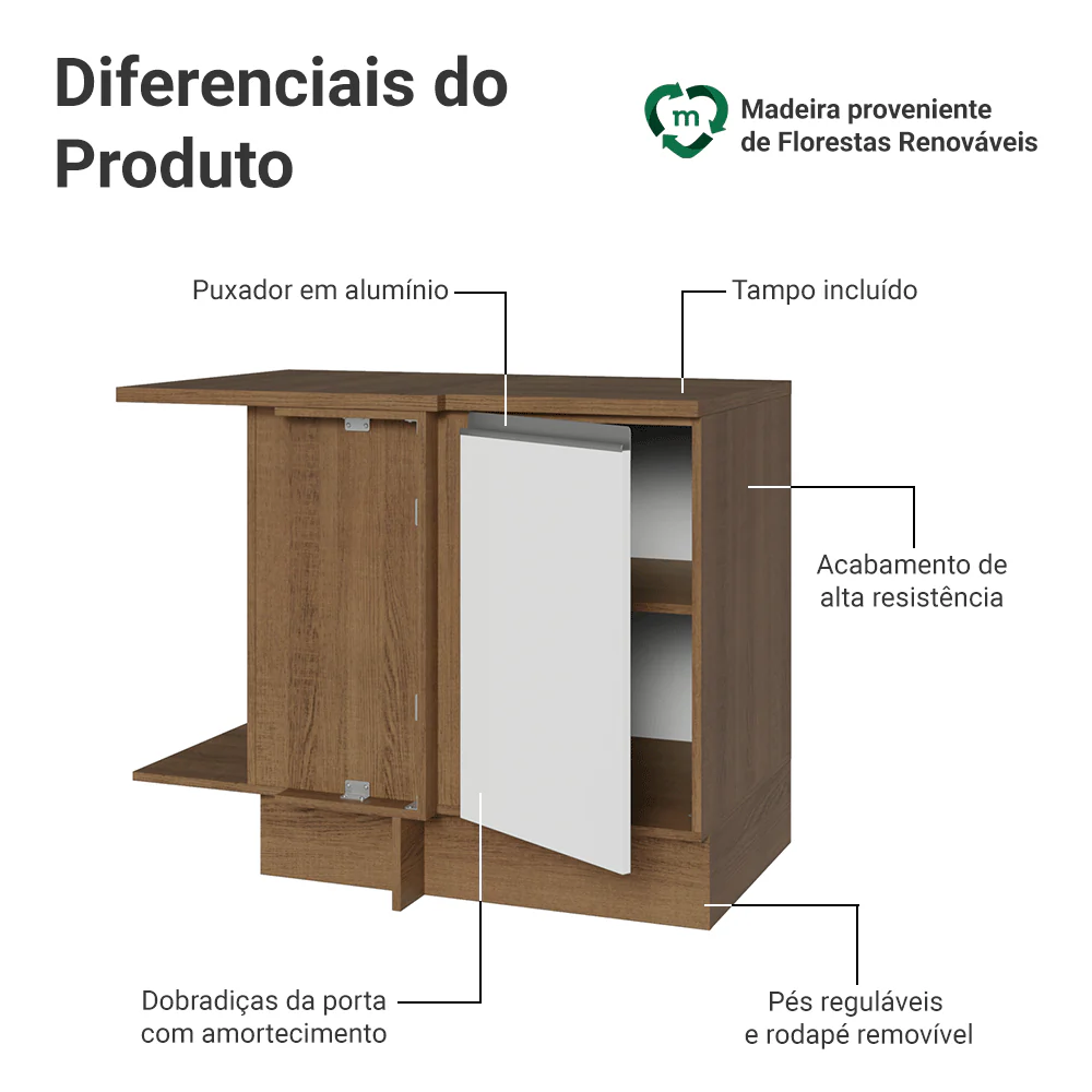 Balcão de Canto Madesa Glamy 1 Porta 60 cm Profundidade (Com Tampo) Rustic/Branco - Image 3