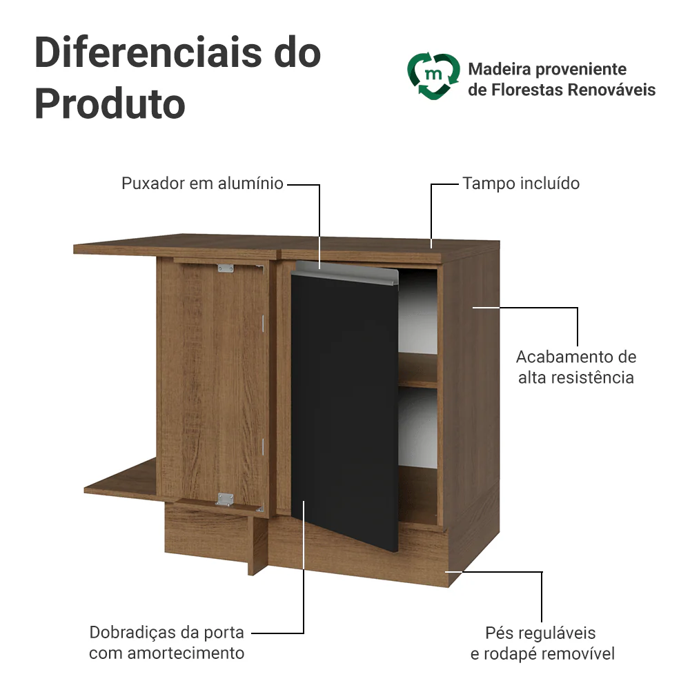Balcão de Canto Madesa Glamy 1 Porta 60 cm Profundidade (Com Tampo) Rustic/Preto - Image 3