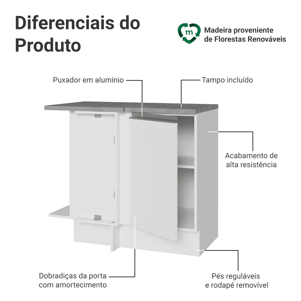 Balcão de Canto Madesa Glamy 1 Porta Branco - Image 3