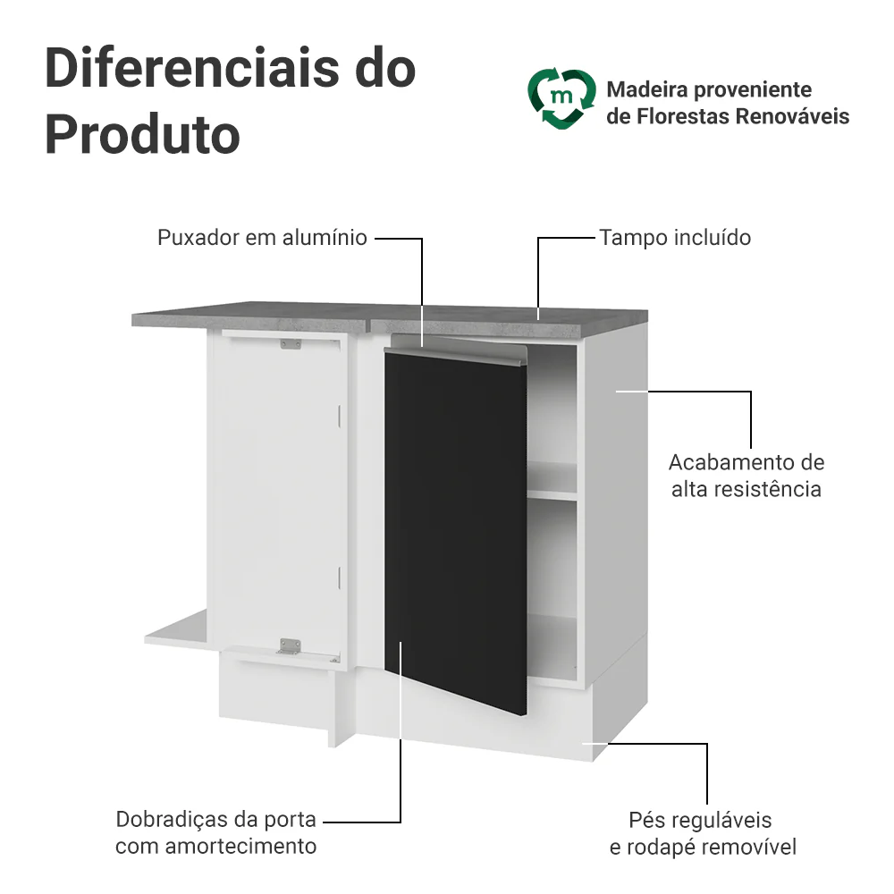 Balcão de Canto Madesa Glamy 1 Porta Branco/Preto - Image 3