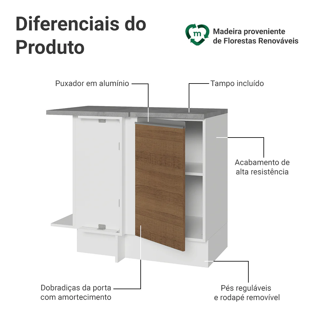 Balcão de Canto Madesa Glamy 1 Porta Branco/Rustic - Image 3