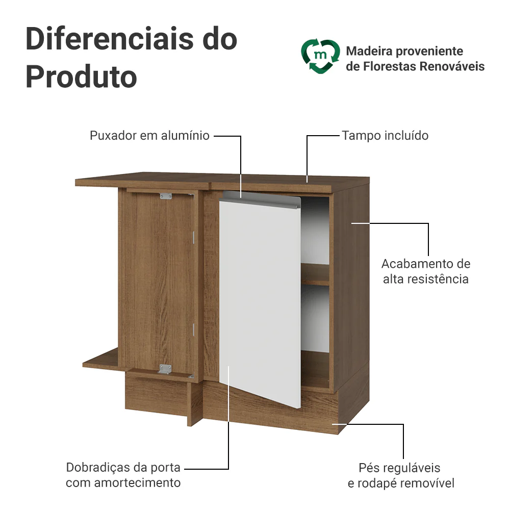 Balcão de Canto Madesa Glamy 1 Porta Rustic/Branco - Image 3