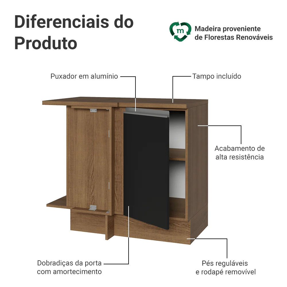 Balcão de Canto Madesa Glamy 1 Porta Rustic/Preto - Image 3