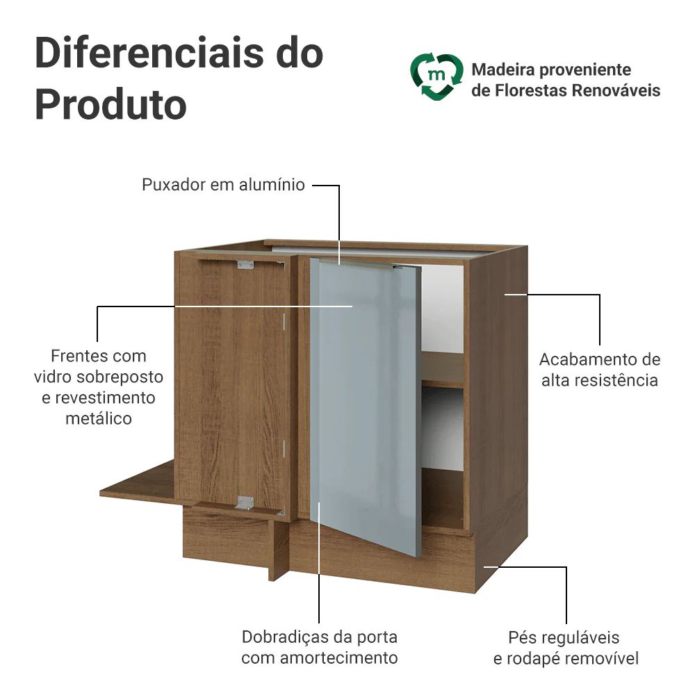 Balcão de Canto para Linha de 60 cm de Profundidade 1 Porta (Sem Tampo) Rustic/Cinza Lux Madesa - Image 3