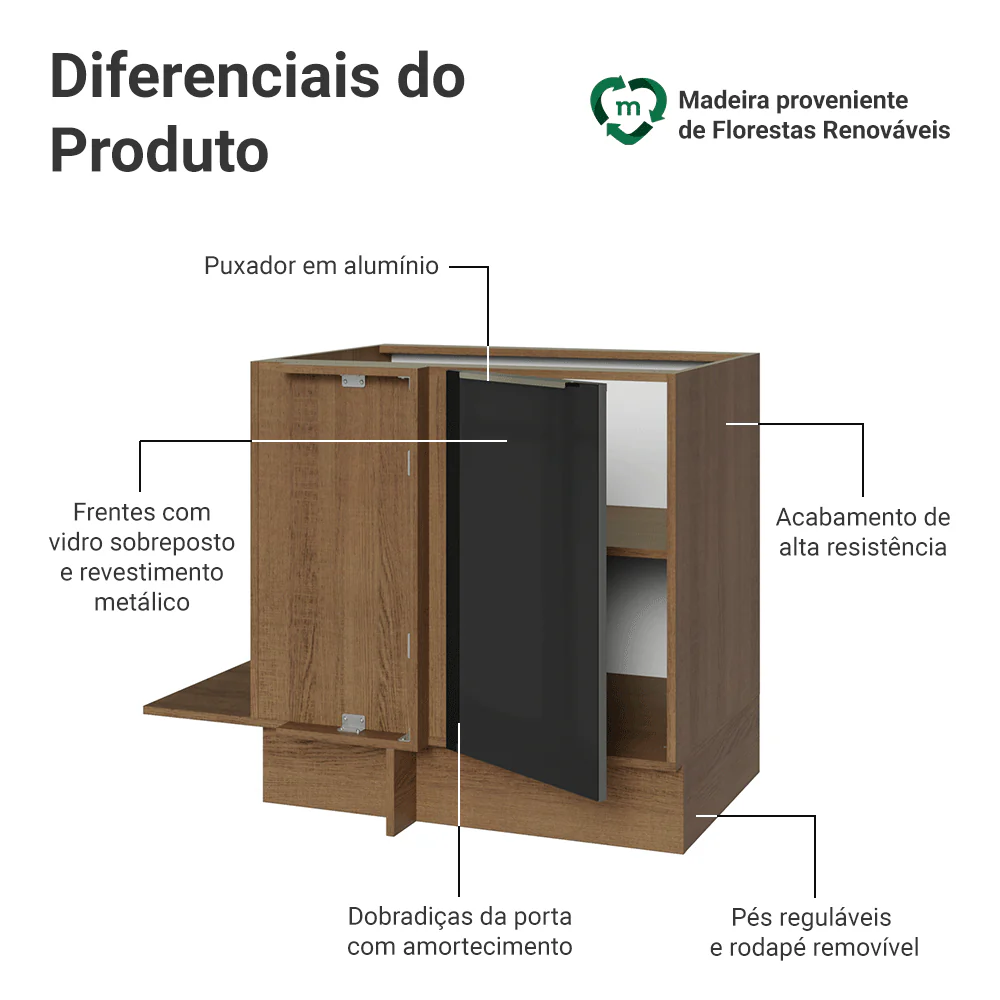 Balcão de Canto para Linha de 60 cm de Profundidade 1 Porta (Sem Tampo) Rustic/Preto Lux Madesa - Image 3