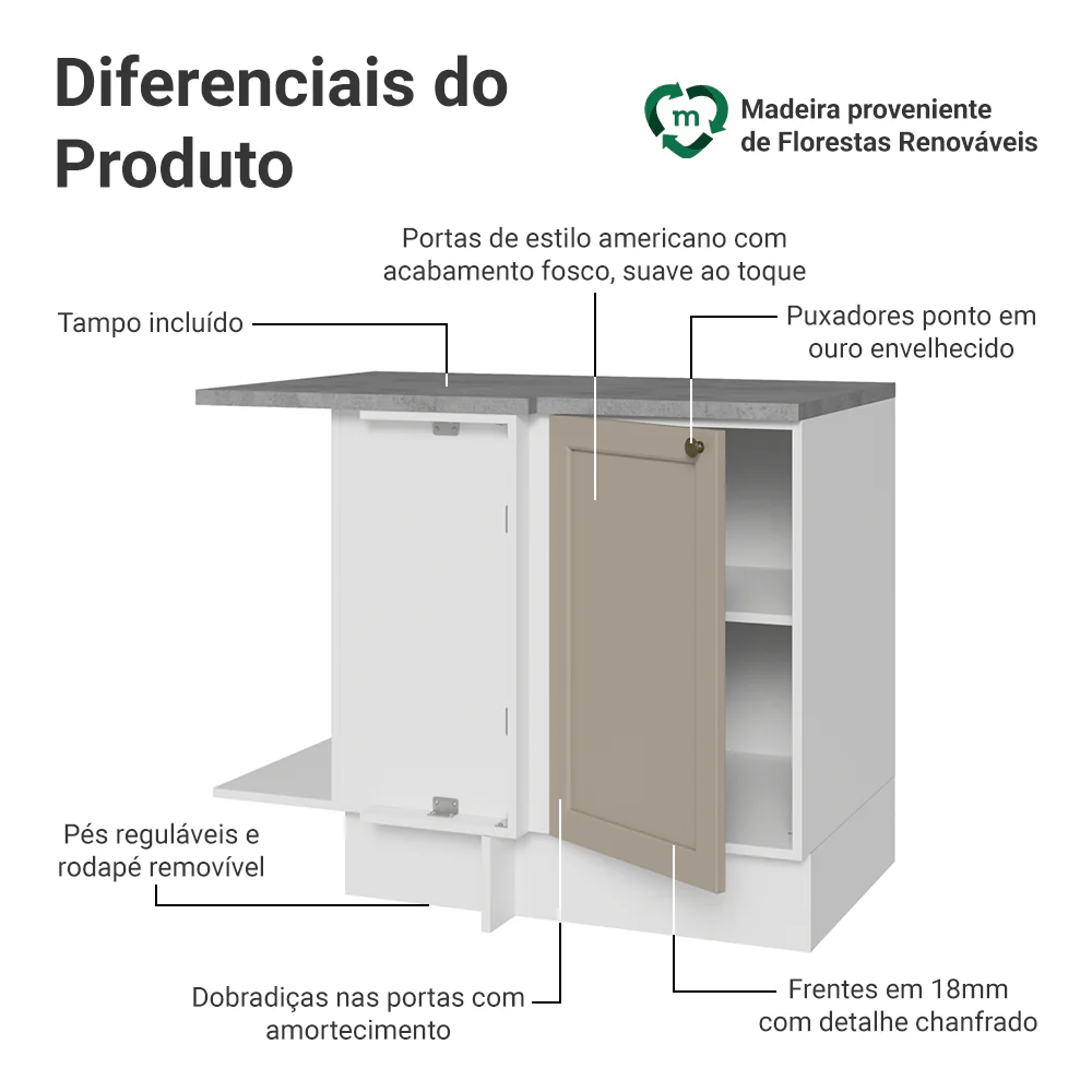 Balcão de Canto para Linha de 60 cm Profundidade (Com Tampo) Branco/Crema Vik Madesa - Image 3