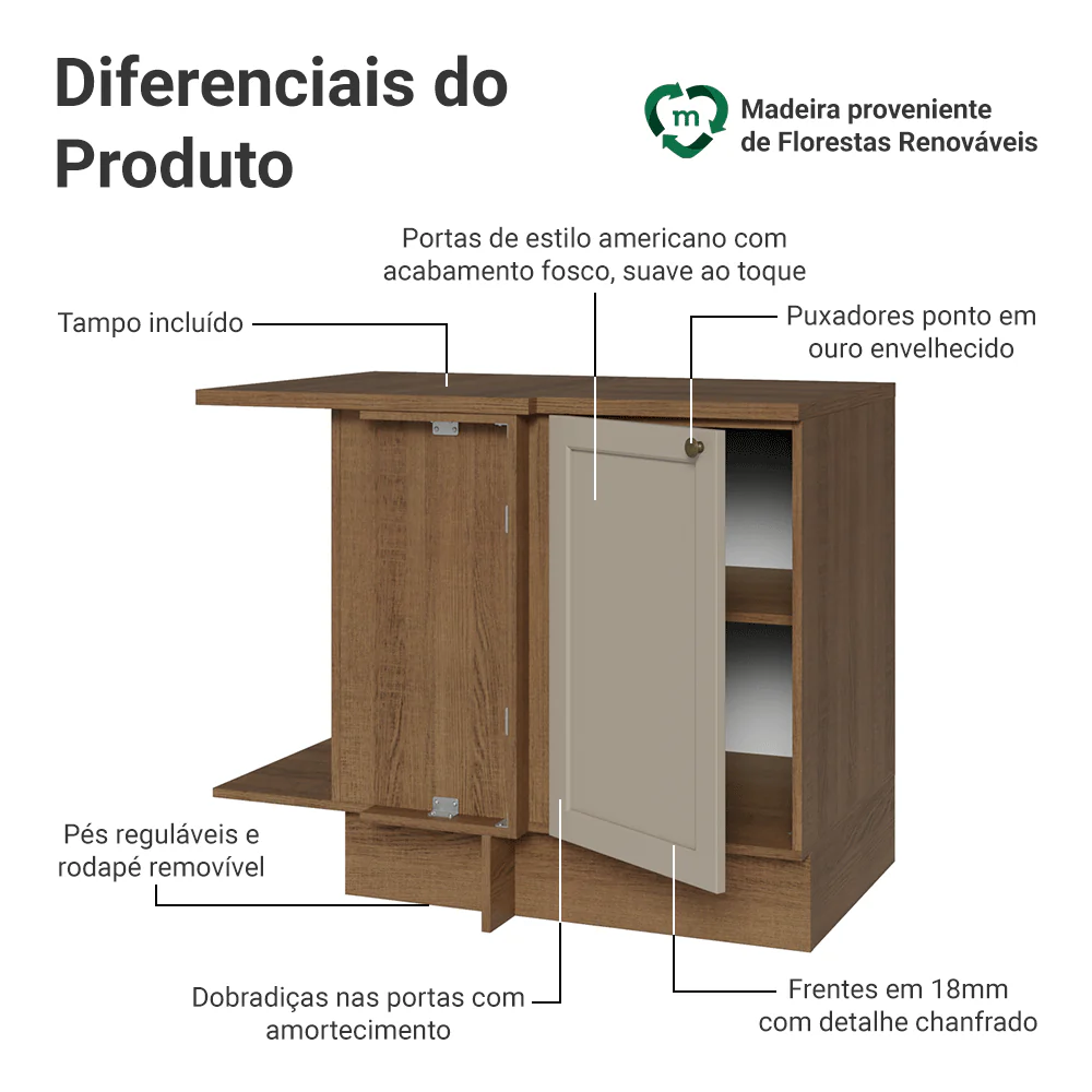 Balcão de Canto para Linha de 60 cm Profundidade (Com Tampo) Rustic/Crema Vik Madesa - Image 3