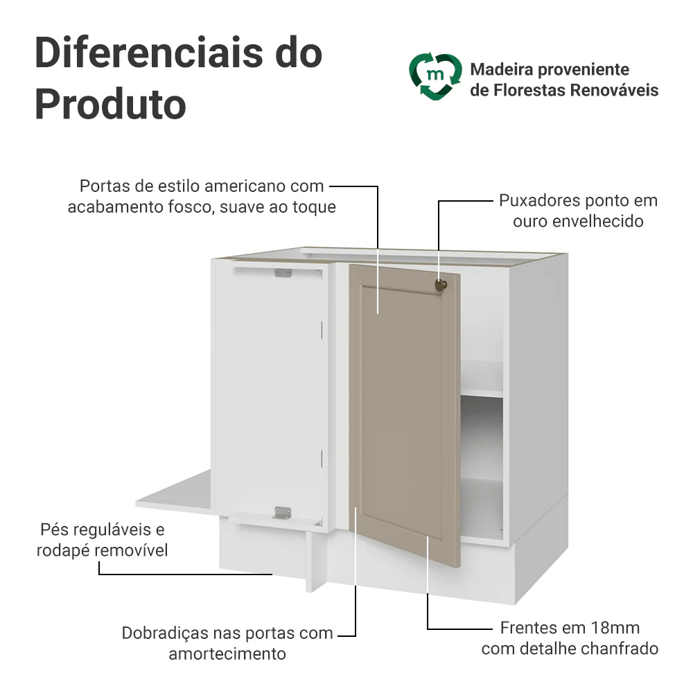 Balcão de Canto para Linha de 60 cm Profundidade (Sem Tampo) Branco/Crema Vik Madesa - Image 3