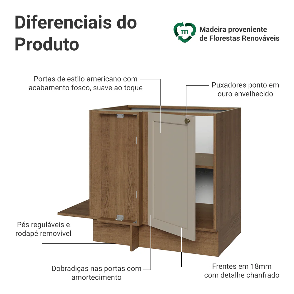 Balcão de Canto para Linha de 60 cm Profundidade (Sem Tampo) Rustic/Crema Vik Madesa - Image 3