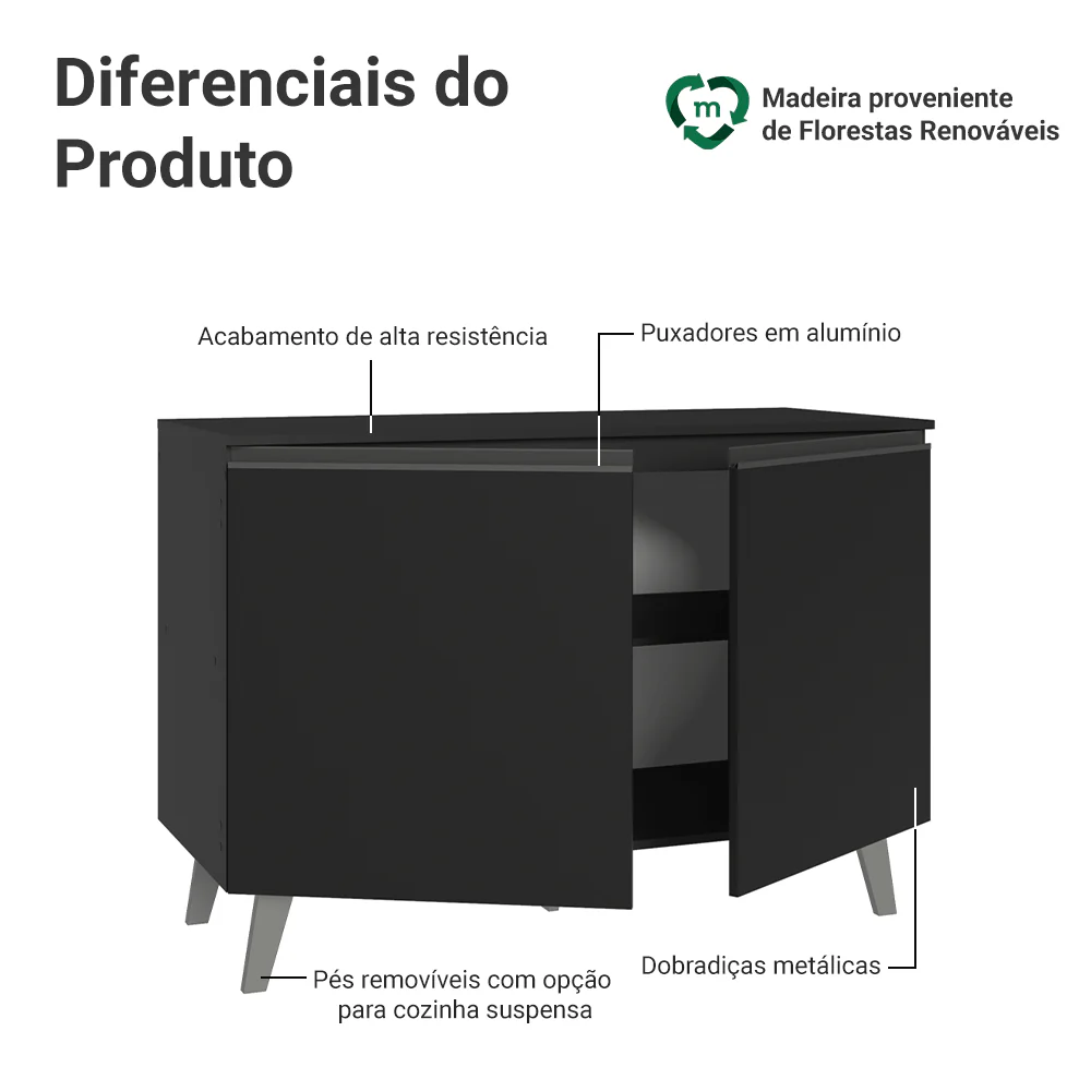 Balcão de Cozinha 120 cm 2 Portas Com Pés Preto Nice Madesa - Image 3