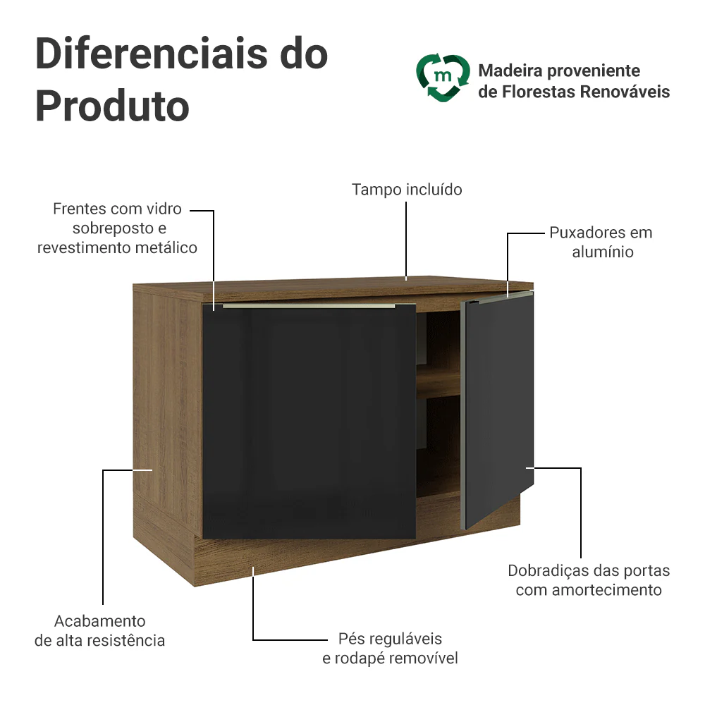 Balcão de Cozinha 120 cm 2 Portas Rustic/Preto Lux Madesa - Image 3