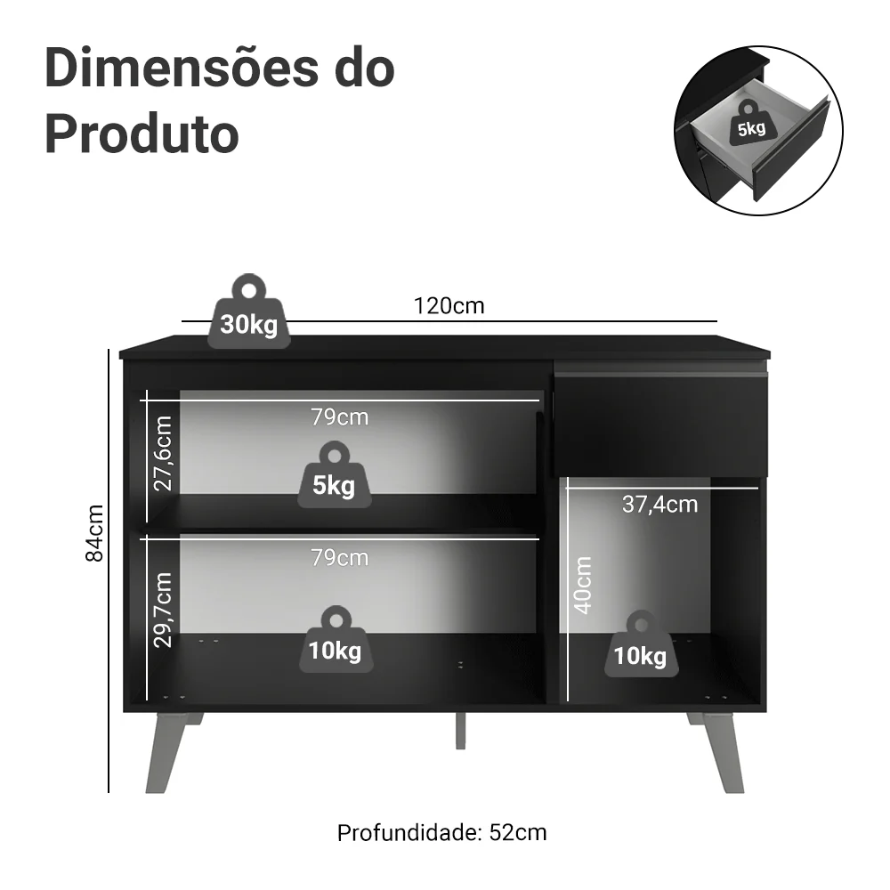 Balcão de Cozinha 120 cm 3 Portas 1 Gaveta Com Pés Preto Nice Madesa - Image 2
