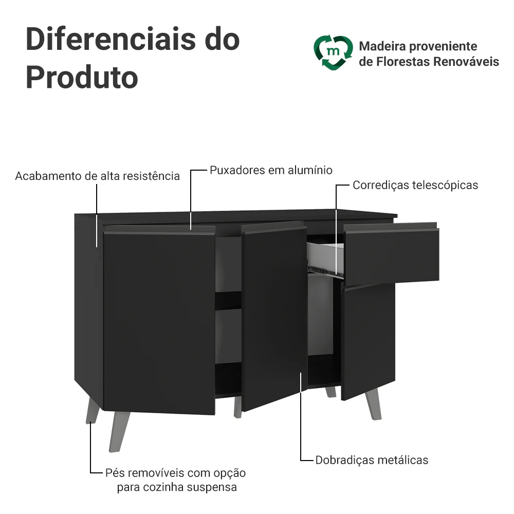 Balcão de Cozinha 120 cm 3 Portas 1 Gaveta Com Pés Preto Nice Madesa - Image 3
