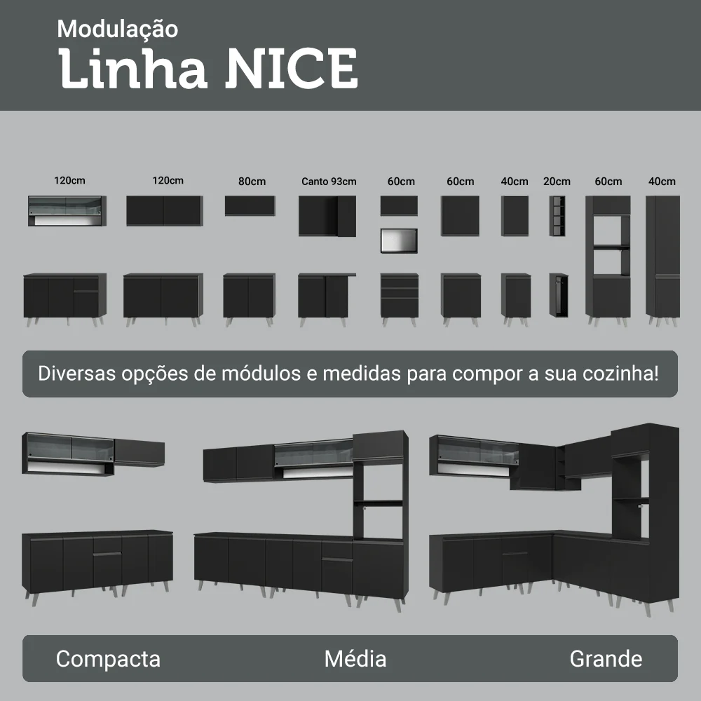 Balcão de Cozinha 120 cm 3 Portas 1 Gaveta Com Pés Preto Nice Madesa - Image 9