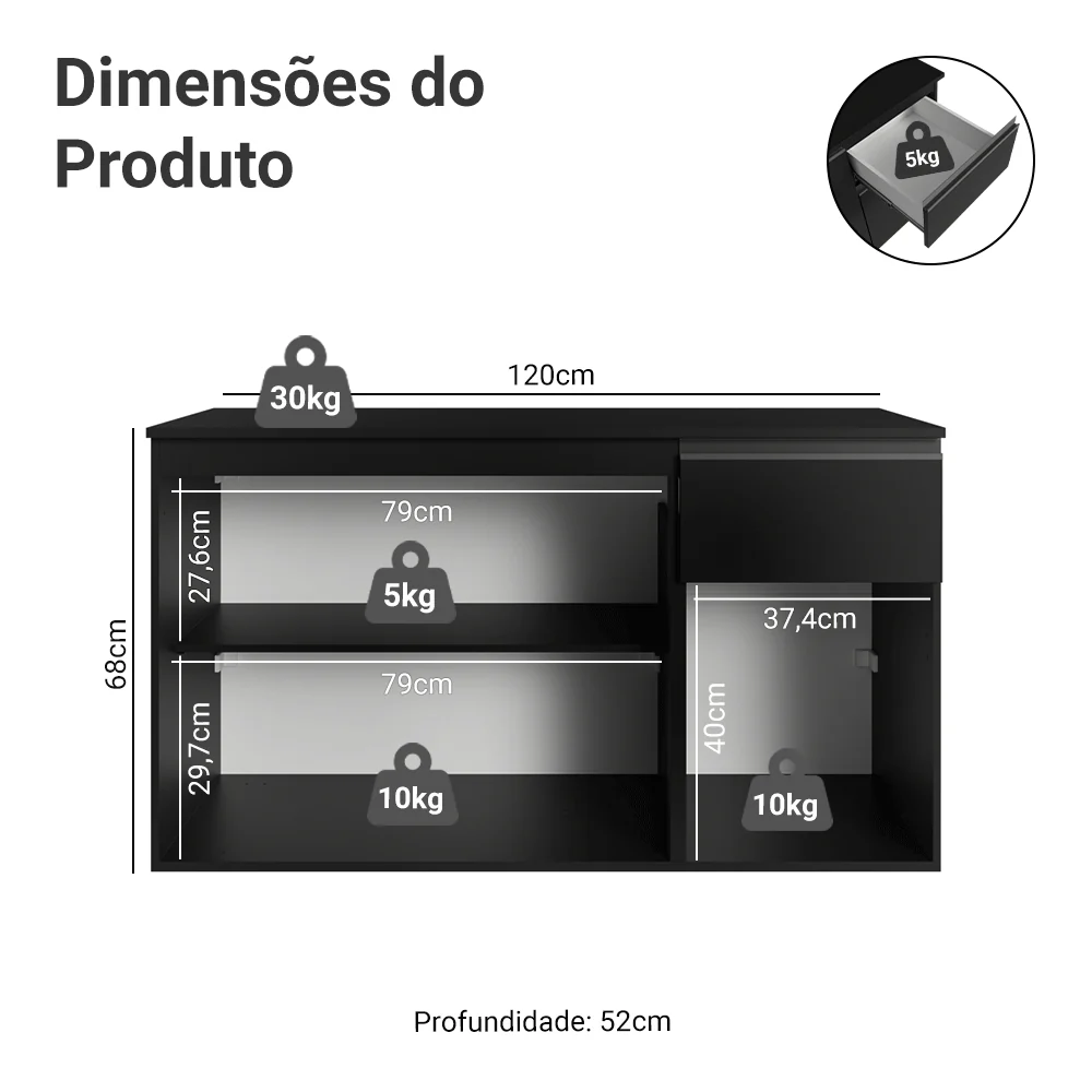Balcão de Cozinha 120 cm 3 Portas 1 Gaveta Suspenso Preto Nice Madesa - Image 2
