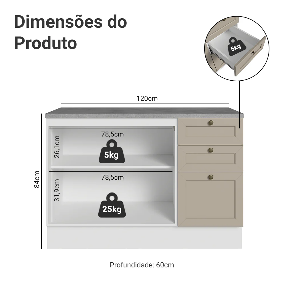 Balcão de Cozinha 120 x 60 cm 2 Portas 3 Gavetas (Com Tampo) Branco/Crema Vik Madesa - Image 2