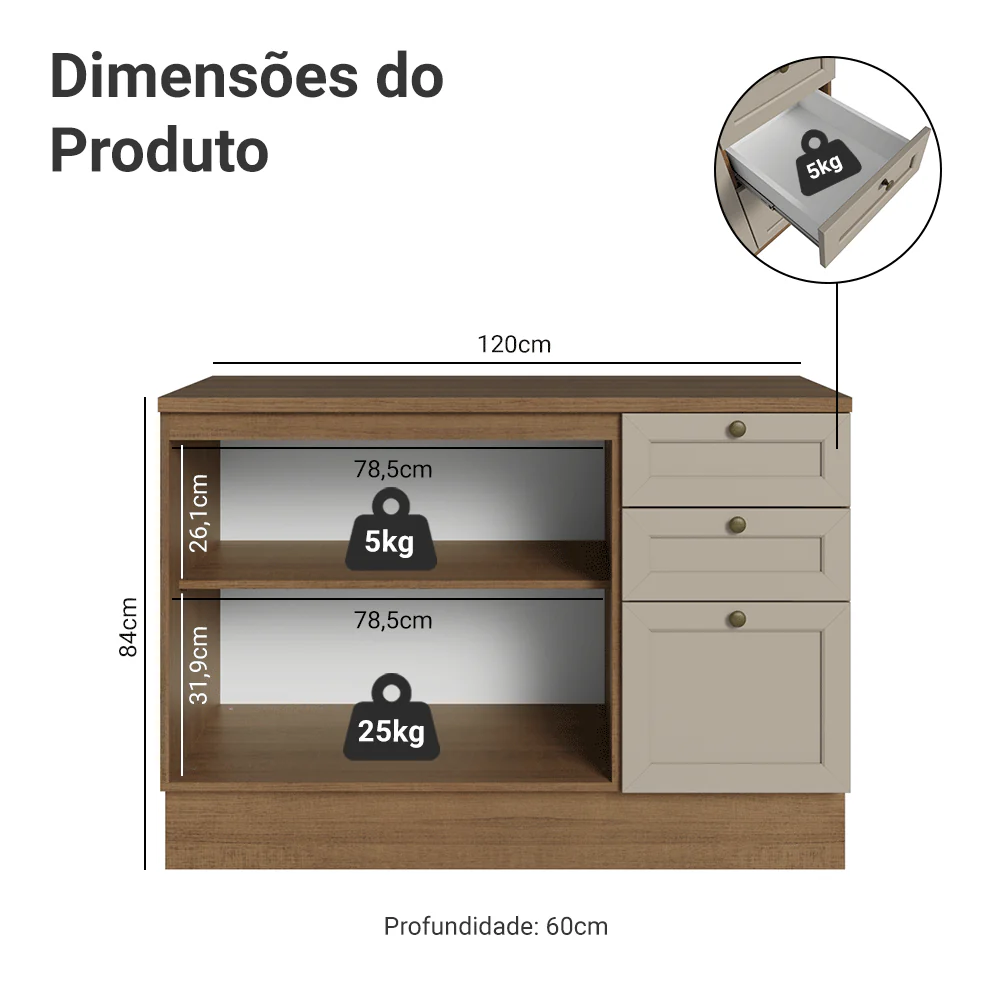 Balcão de Cozinha 120 x 60 cm 2 Portas 3 Gavetas (Com Tampo) Rustic/Crema Vik Madesa - Image 2