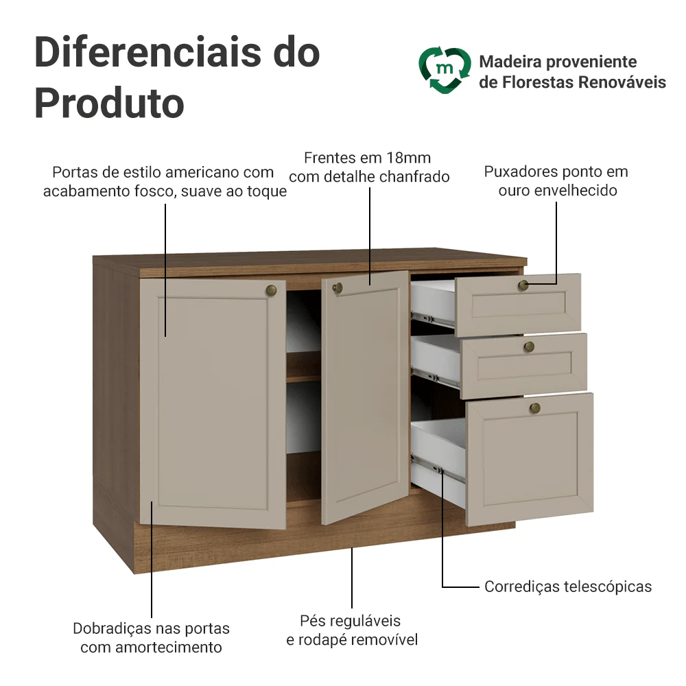 Balcão de Cozinha 120 x 60 cm 2 Portas 3 Gavetas (Com Tampo) Rustic/Crema Vik Madesa - Image 3