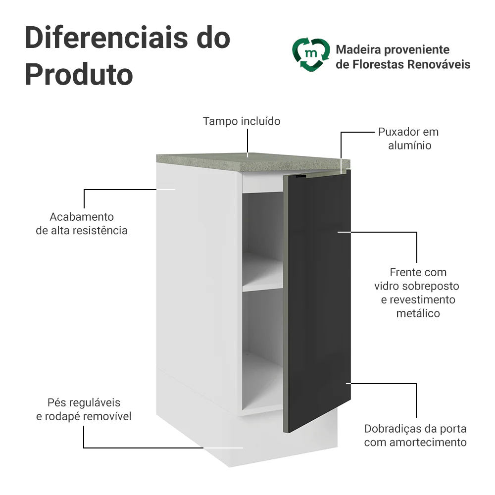 Balcão de Cozinha 35 cm 1 Porta Branco/Preto Lux Madesa - Image 3