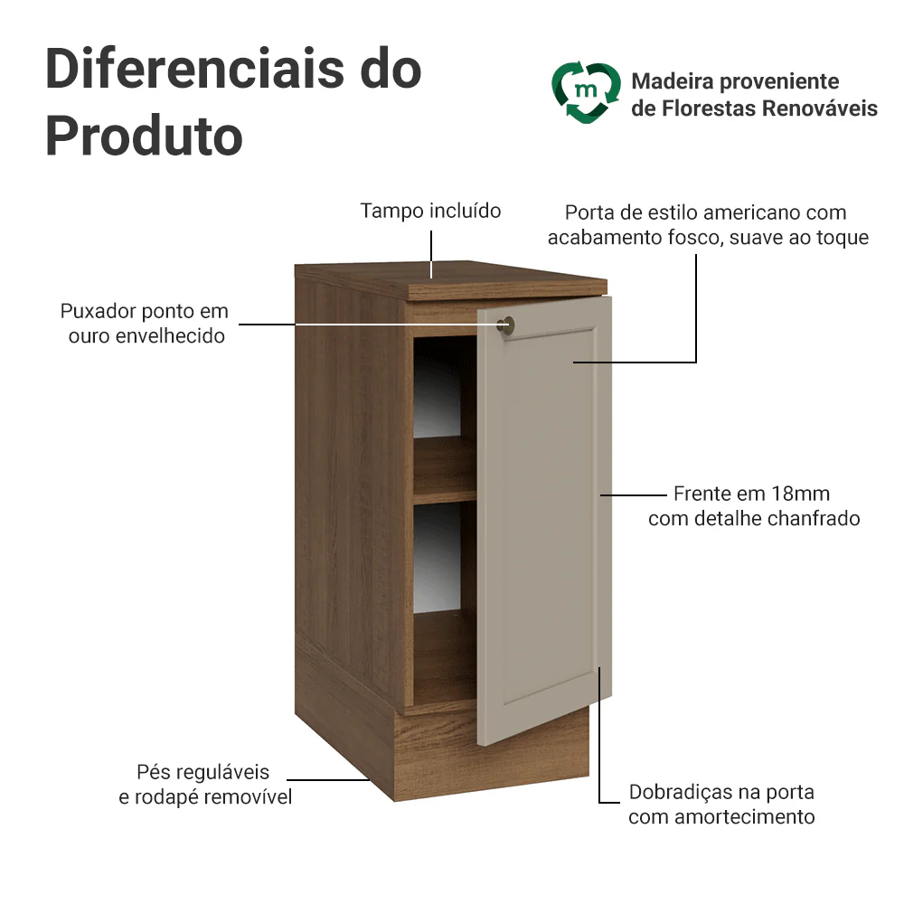 Balcão de Cozinha 35 cm 1 Porta Rustic/Crema Vik Madesa - Image 3