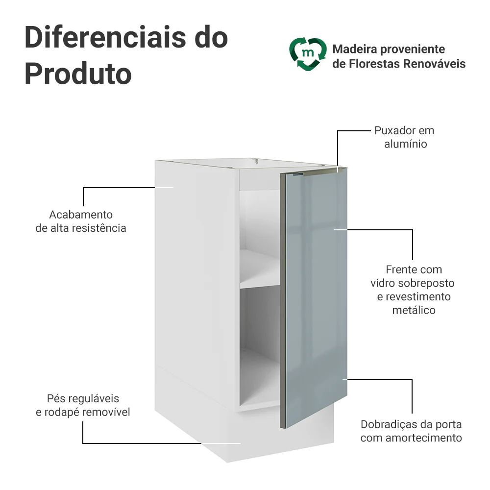 Balcão de Cozinha 35 cm 1 Porta (Sem Tampo) Branco/Cinza Lux Madesa - Image 3