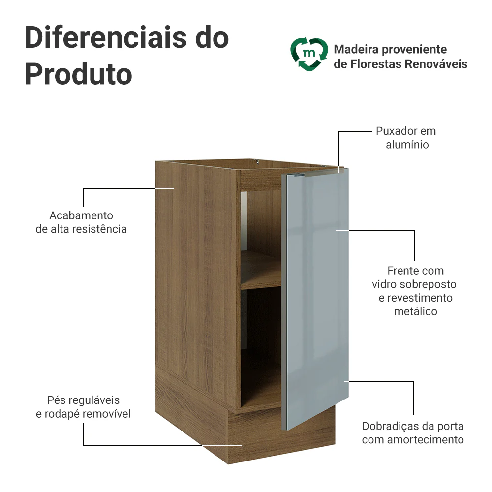 Balcão de Cozinha 35 cm 1 Porta (Sem Tampo) Rustic/Cinza Lux Madesa - Image 3